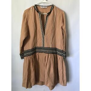 Zara Womens Dress Linen Boho Indie Summer Vacation Crocheted Trim Tan SIze Small